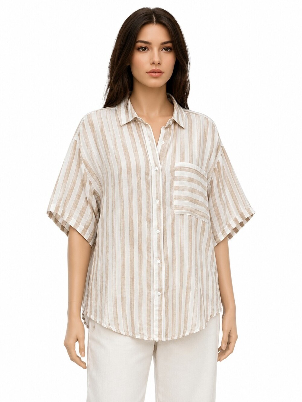 Part Two Women's Linen Beige White Striped Button Front Shirt Oversized - 44 NWT
